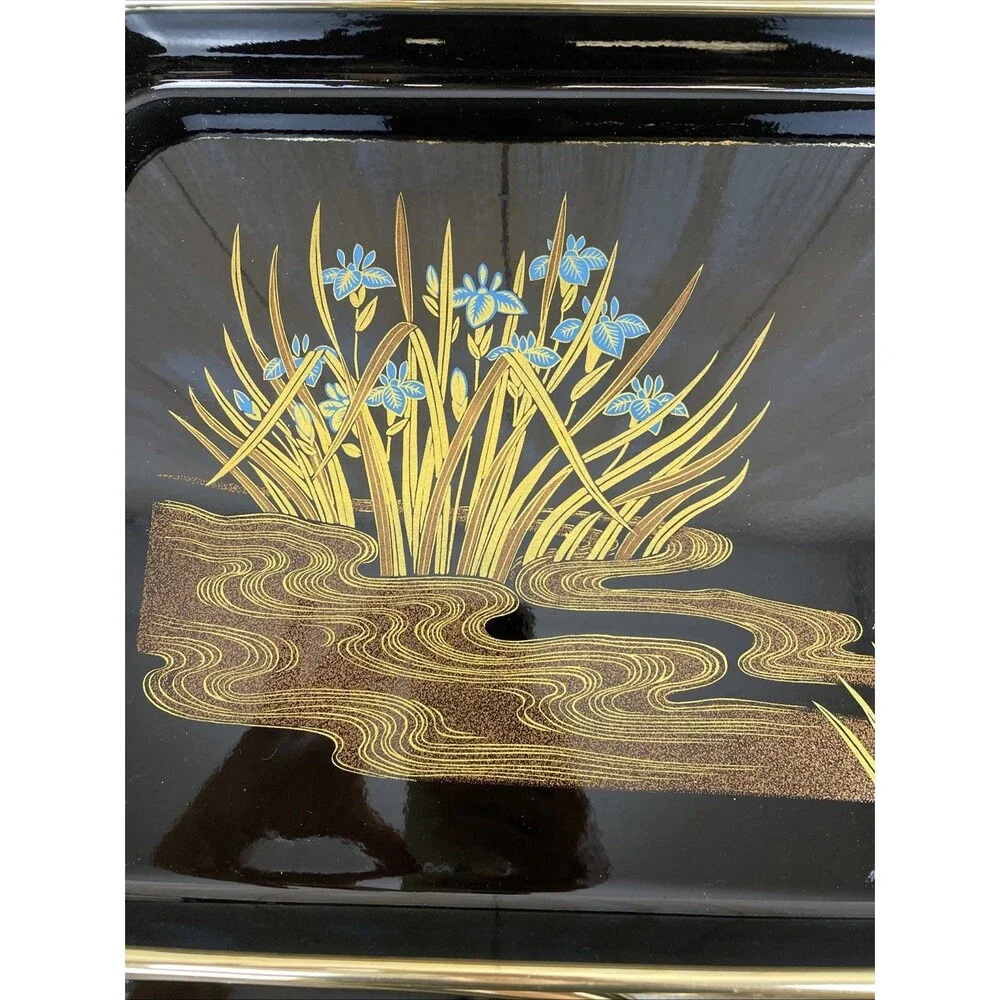 Vintage 3 Pc Nesting Serving Tray Set Lacquerware Iris Black & Gold Toyo Japan